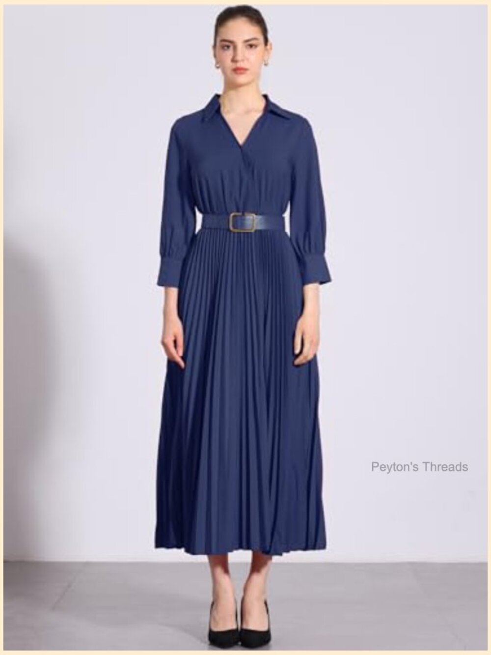 Dressy Casual Pleated Maxi Dress with 3/4 Sleeves, Collared V-Neck, Belted - Picture 3 of 5